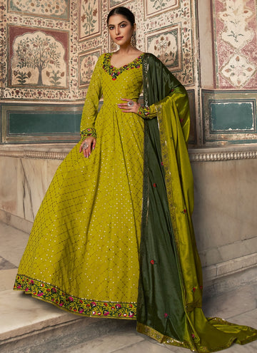 Georgette Thread Embroidered Lime Green Amazing Gown